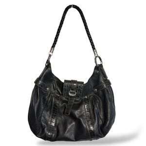Brighton Black Leather Shoulder Bag Hobo Braided Strap Silver Hardware Purse